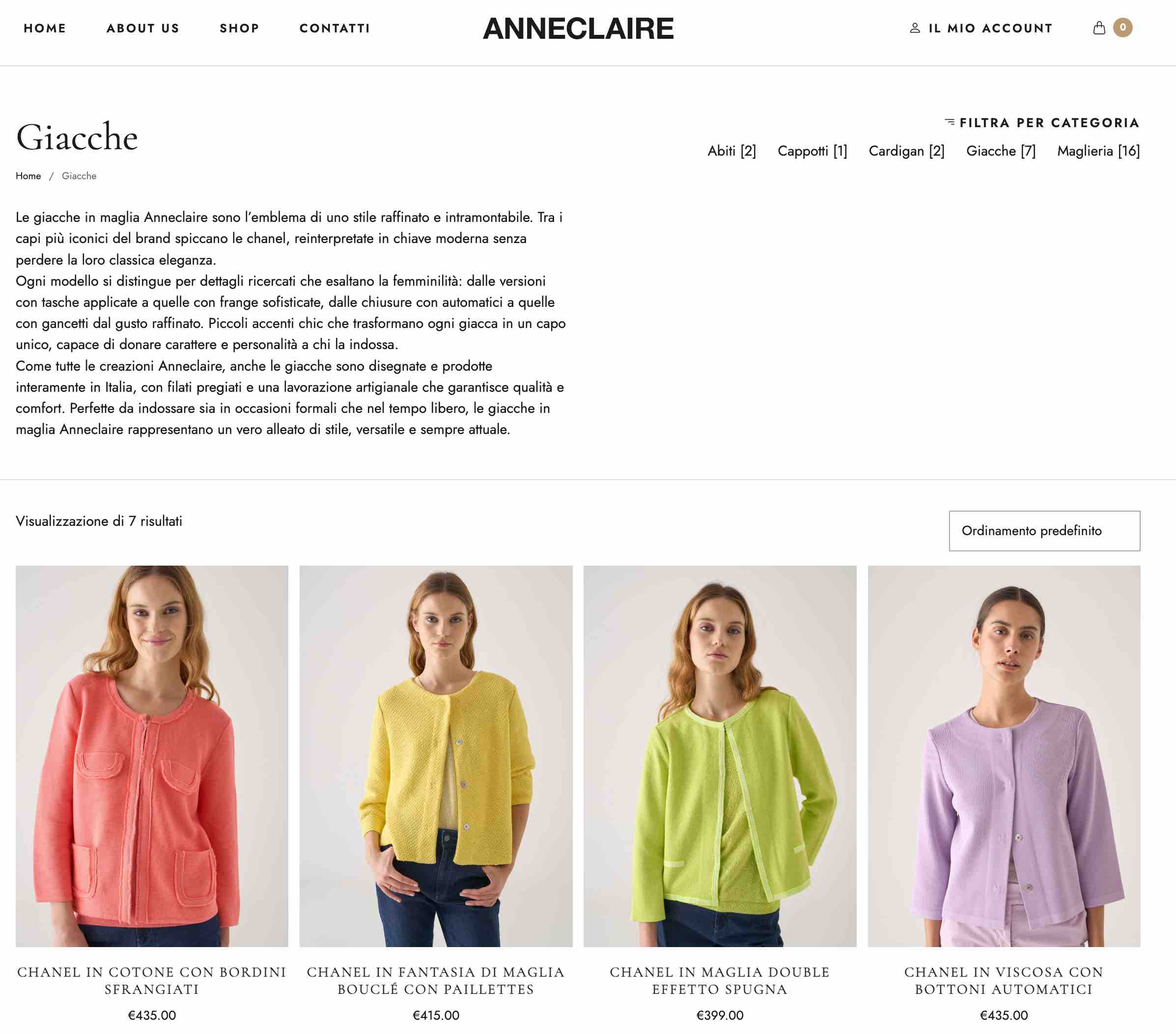 Pagina di categoria delle giacche del brand Anneclaire