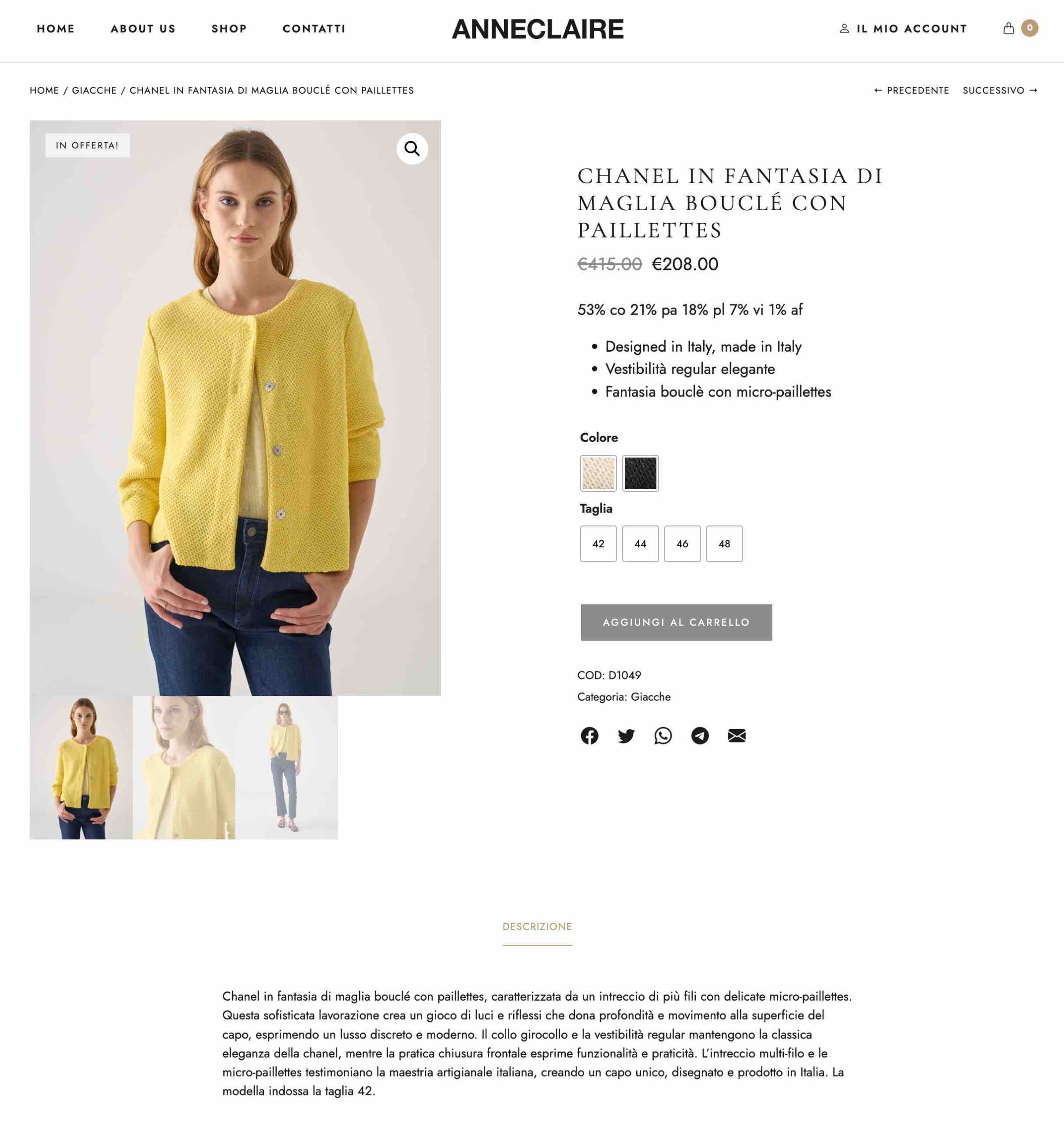 Scheda prodotto della chanel in maglia bouclé con paillettes di Anneclaire